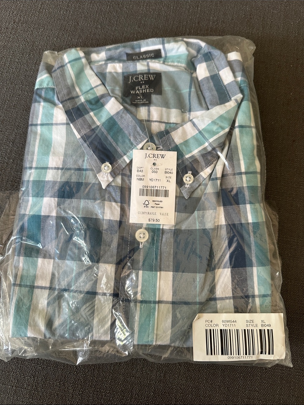J. Crew Flex-Washed Teal and Navy Plaid Button-Down Shirt